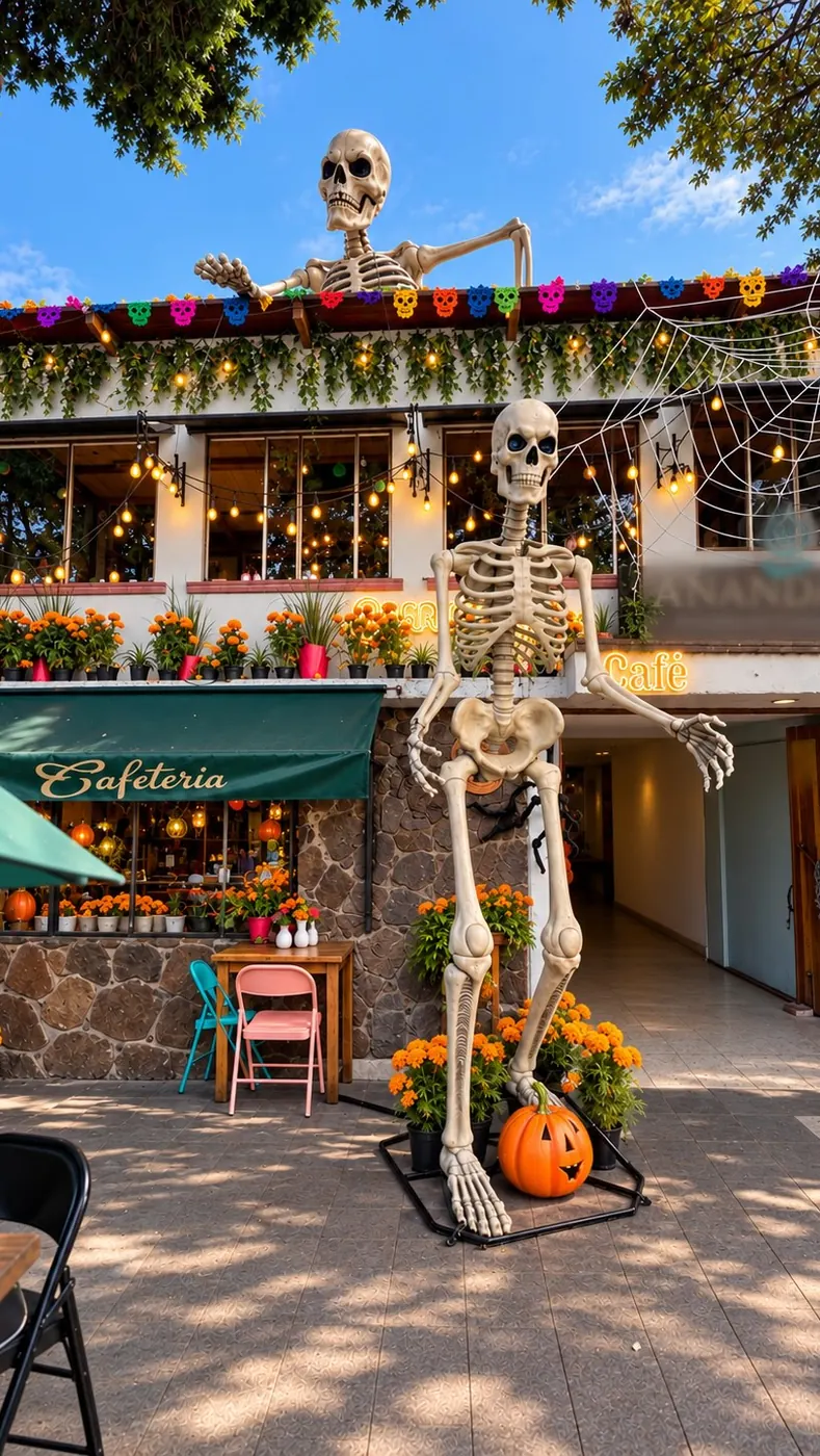 Fachada de Cafairy con un esqueleto gigante, papel picado y cempasúchil