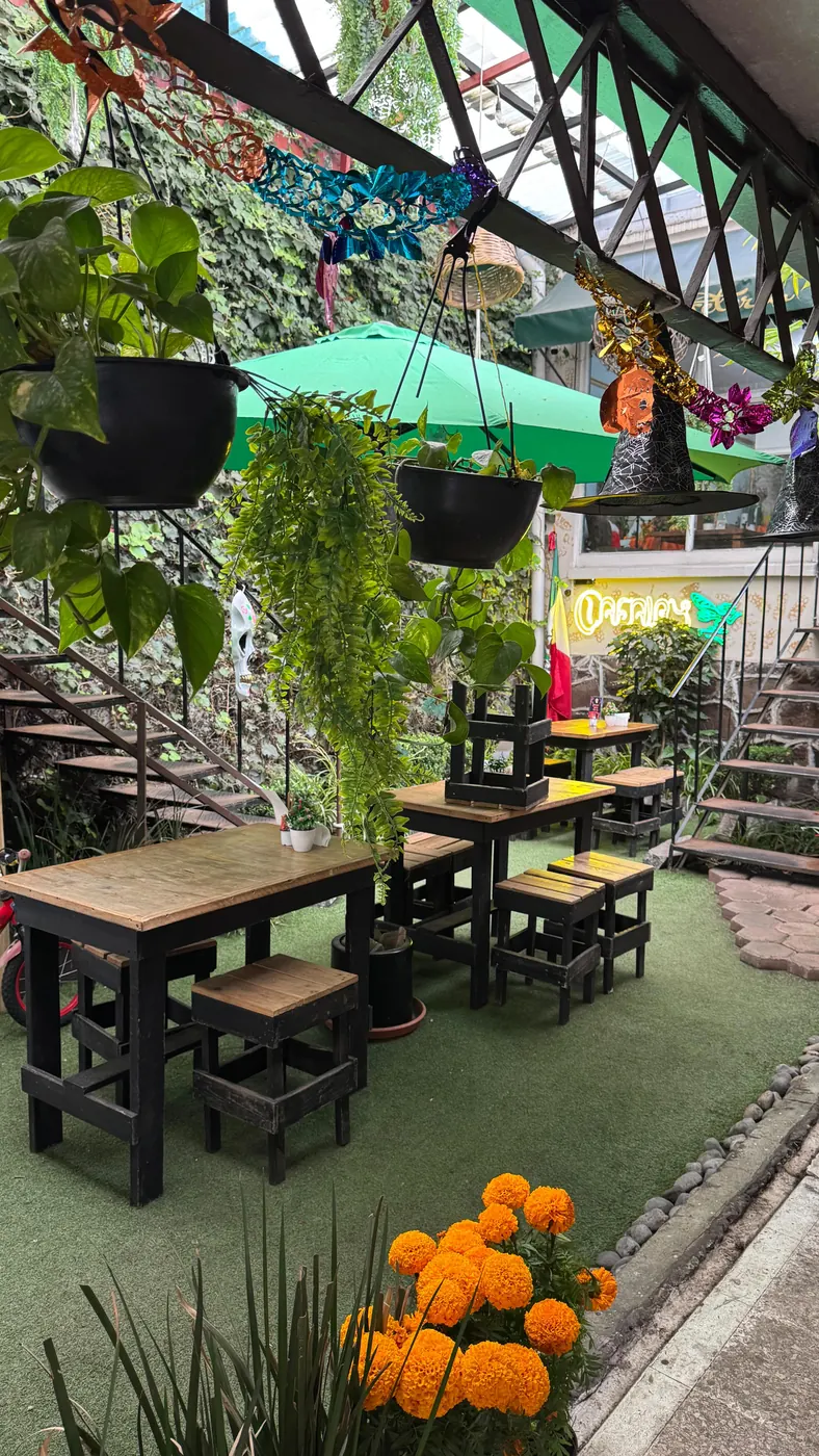 Terraza con mesas de madera, plantas colgantes y sombrillas verdes